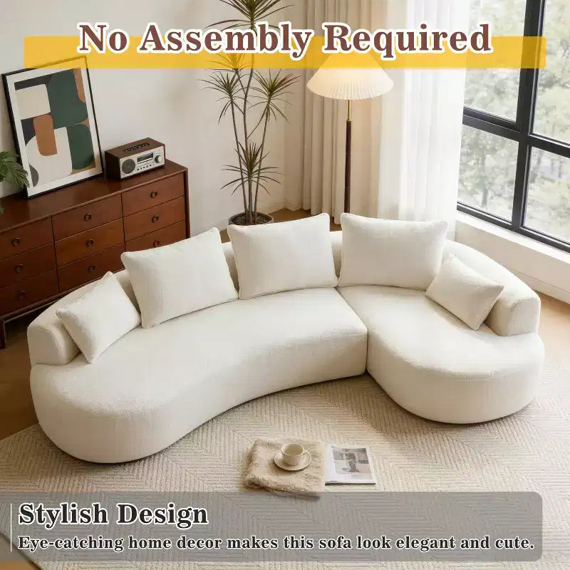 Divano componibile curvo Dyonery 122, comodo divano con chaise longue, divano moderno "nuvola" con seduta profonda, rivestimento in pile di agnello