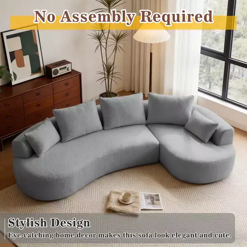 Divano componibile curvo Dyonery 122, comodo divano con chaise longue, divano moderno "nuvola" con seduta profonda, rivestimento in pile di agnello
