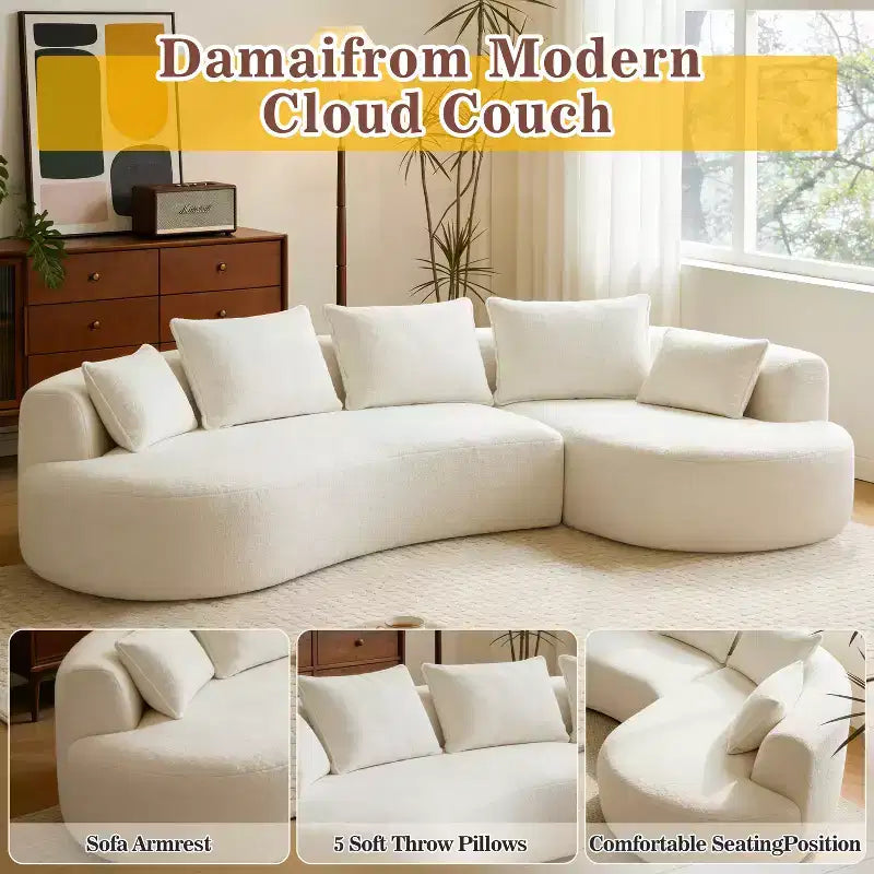 Divano componibile curvo Dyonery 122, comodo divano con chaise longue, divano moderno "nuvola" con seduta profonda, rivestimento in pile di agnello