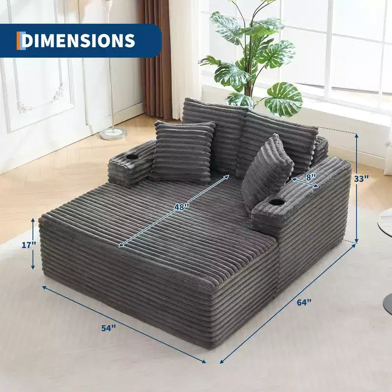 Chaise longue oversize in velluto a coste da 64 pollici, divano letto senza struttura con portabicchieri e 2 cuscini, nessun montaggio richiesto