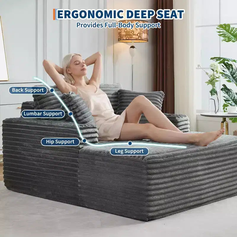 Chaise longue oversize in velluto a coste da 64 pollici, divano letto senza struttura con portabicchieri e 2 cuscini, nessun montaggio richiesto