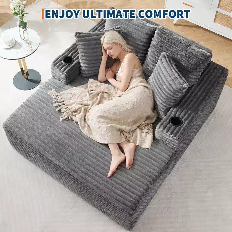 Chaise longue oversize in velluto a coste da 64 pollici, divano letto senza struttura con portabicchieri e 2 cuscini, nessun montaggio richiesto