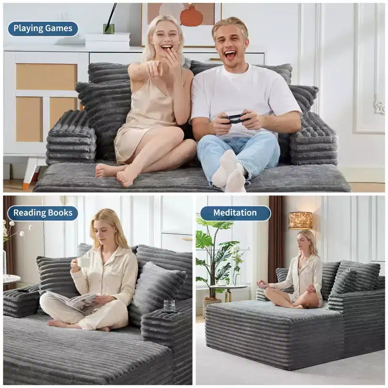 Chaise longue oversize in velluto a coste da 64 pollici, divano letto senza struttura con portabicchieri e 2 cuscini, nessun montaggio richiesto