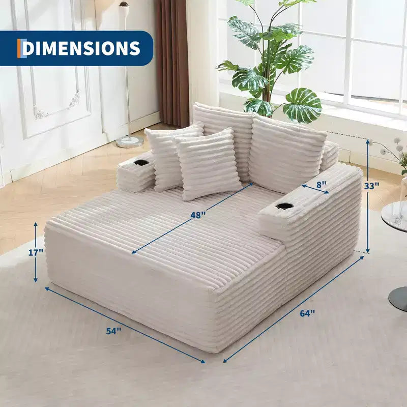 Chaise longue oversize in velluto a coste da 64 pollici, divano letto senza struttura con portabicchieri e 2 cuscini, nessun montaggio richiesto