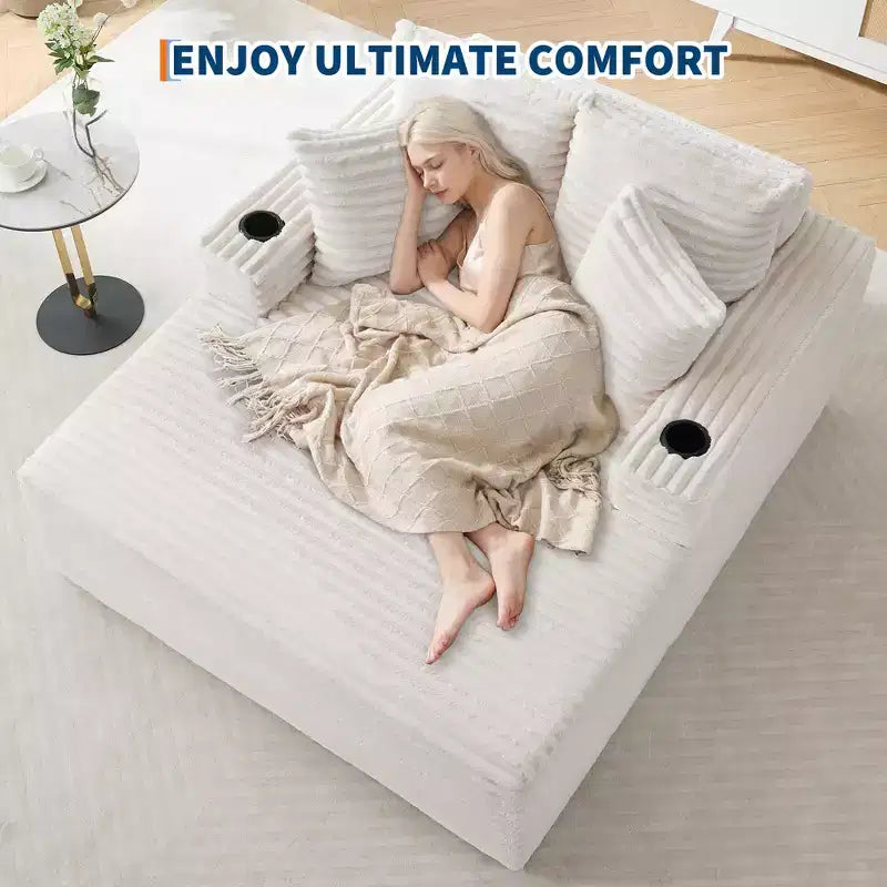 Chaise longue oversize in velluto a coste da 64 pollici, divano letto senza struttura con portabicchieri e 2 cuscini, nessun montaggio richiesto