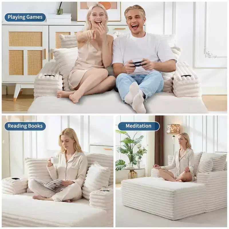 Chaise longue oversize in velluto a coste da 64 pollici, divano letto senza struttura con portabicchieri e 2 cuscini, nessun montaggio richiesto