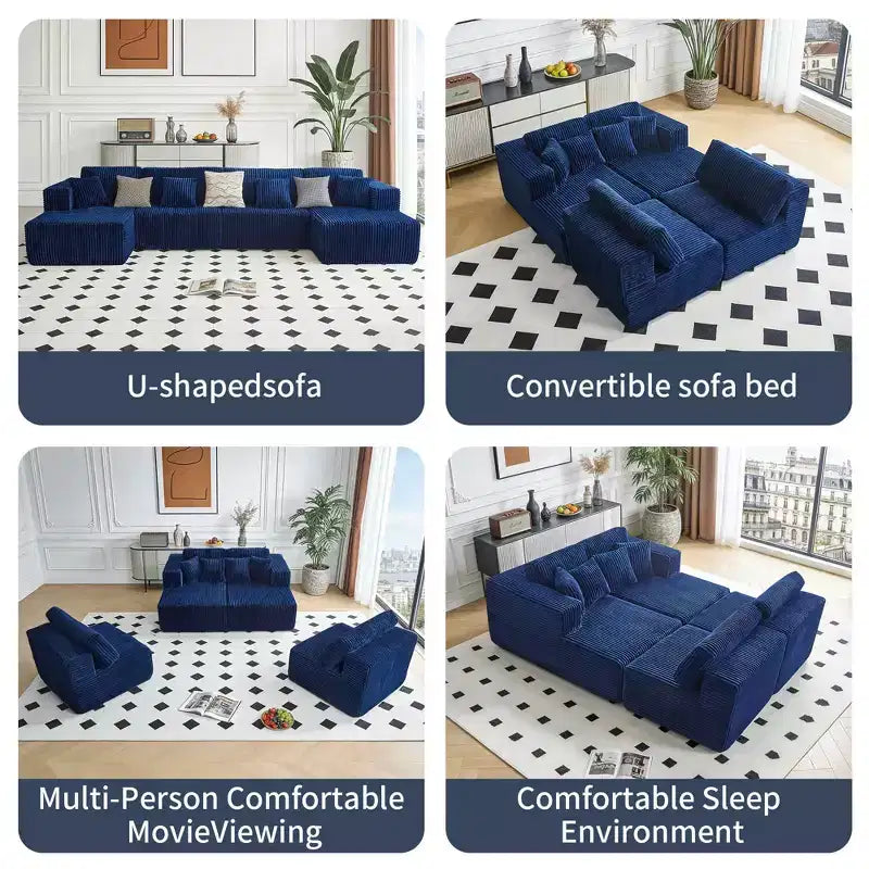Divano componibile a U MAYEERTY in flanella blu, con schiuma ad alta densità e cuscini decorativi