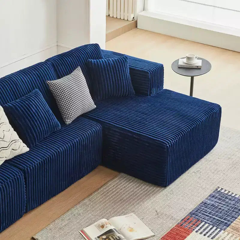 Divano componibile a U MAYEERTY in flanella blu, con schiuma ad alta densità e cuscini decorativi