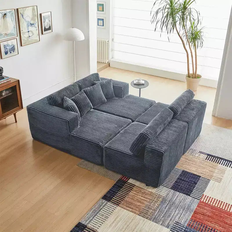 Divano componibile a U MAYEERTY in flanella blu, con schiuma ad alta densità e cuscini decorativi