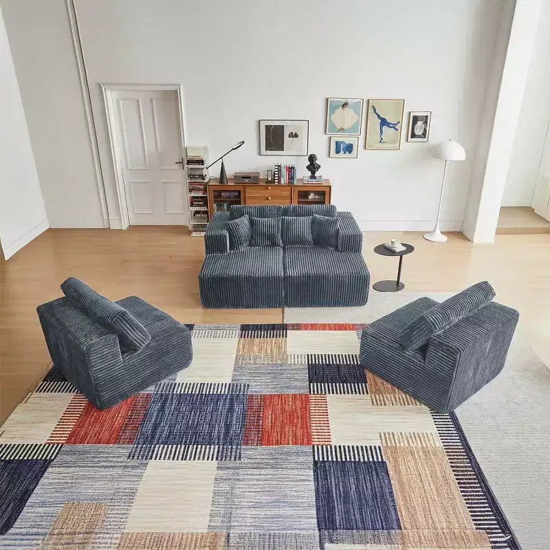 Divano componibile a U MAYEERTY in flanella blu, con schiuma ad alta densità e cuscini decorativi