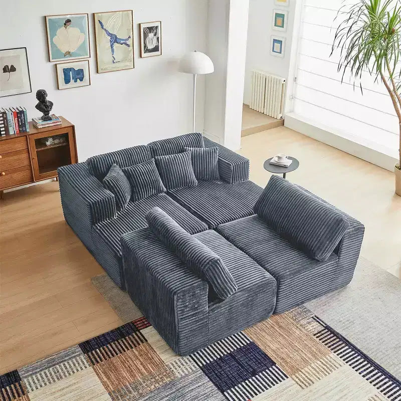 Divano componibile a U MAYEERTY in flanella blu, con schiuma ad alta densità e cuscini decorativi