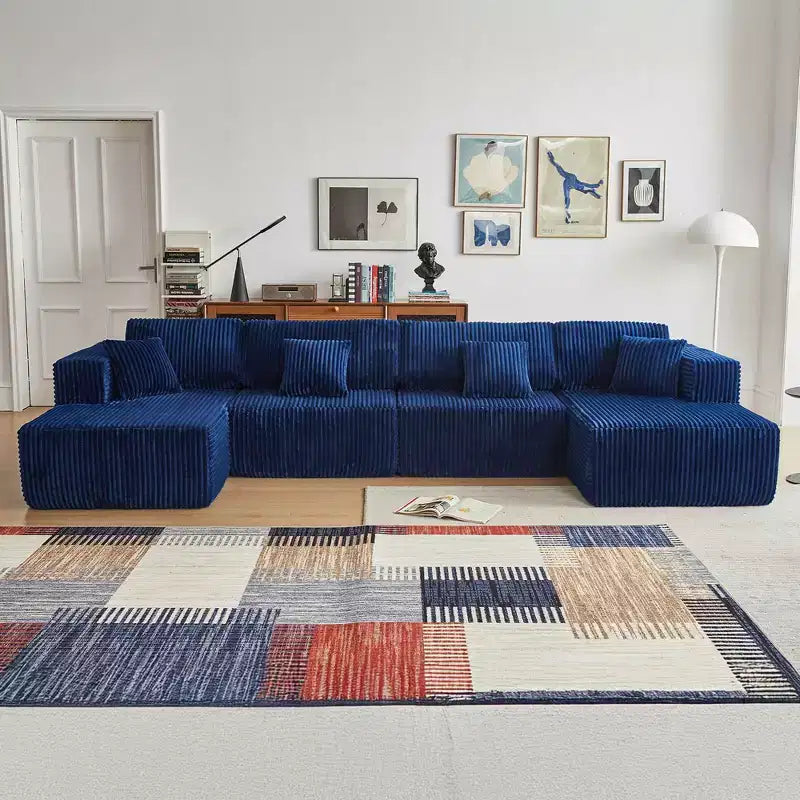 Divano componibile a U MAYEERTY in flanella blu, con schiuma ad alta densità e cuscini decorativi