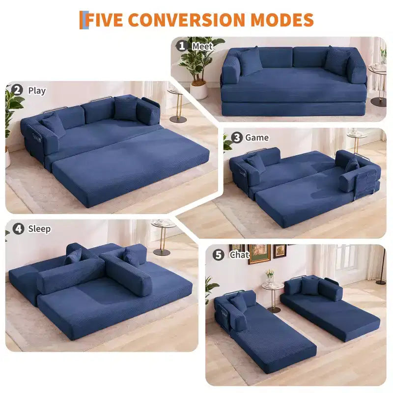 Divano Letto Convertibile in Velluto a Coste 5 in 1 con Cuscini, 79 Pollici Pieghevole Futon Sleeper con Telaio Fisso e Braccioli Rimovibili per Piccoli Spazi, Nessun Montaggio