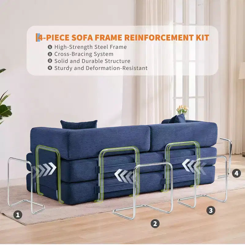 Divano Letto Convertibile in Velluto a Coste 5 in 1 con Cuscini, 79 Pollici Pieghevole Futon Sleeper con Telaio Fisso e Braccioli Rimovibili per Piccoli Spazi, Nessun Montaggio