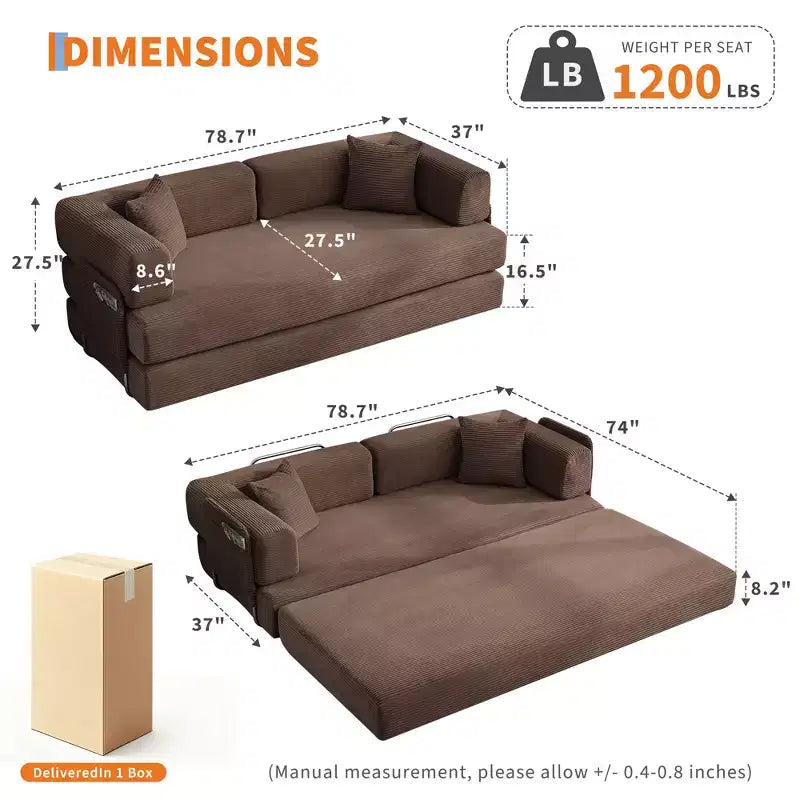 Divano Letto Convertibile in Velluto a Coste 5 in 1 con Cuscini, 79 Pollici Pieghevole Futon Sleeper con Telaio Fisso e Braccioli Rimovibili per Piccoli Spazi, Nessun Montaggio