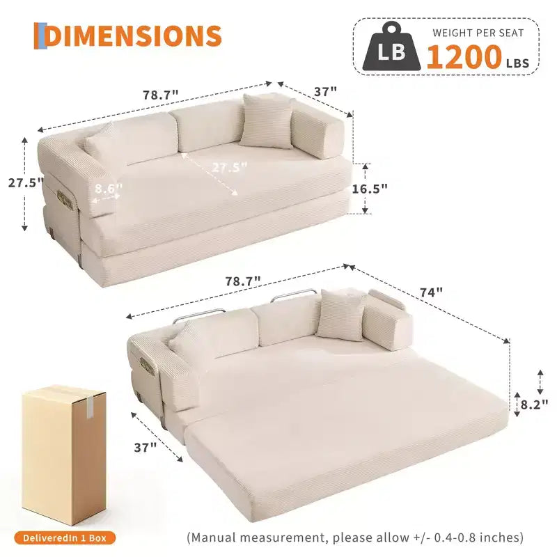 Divano Letto Convertibile in Velluto a Coste 5 in 1 con Cuscini, 79 Pollici Pieghevole Futon Sleeper con Telaio Fisso e Braccioli Rimovibili per Piccoli Spazi, Nessun Montaggio
