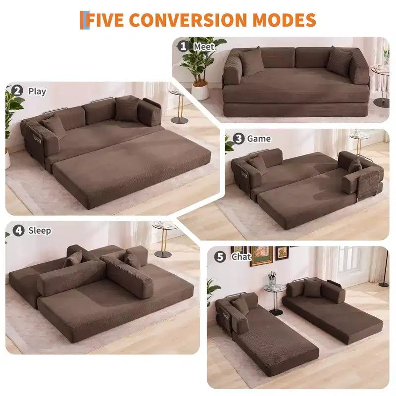 Divano Letto Convertibile in Velluto a Coste 5 in 1 con Cuscini, 79 Pollici Pieghevole Futon Sleeper con Telaio Fisso e Braccioli Rimovibili per Piccoli Spazi, Nessun Montaggio