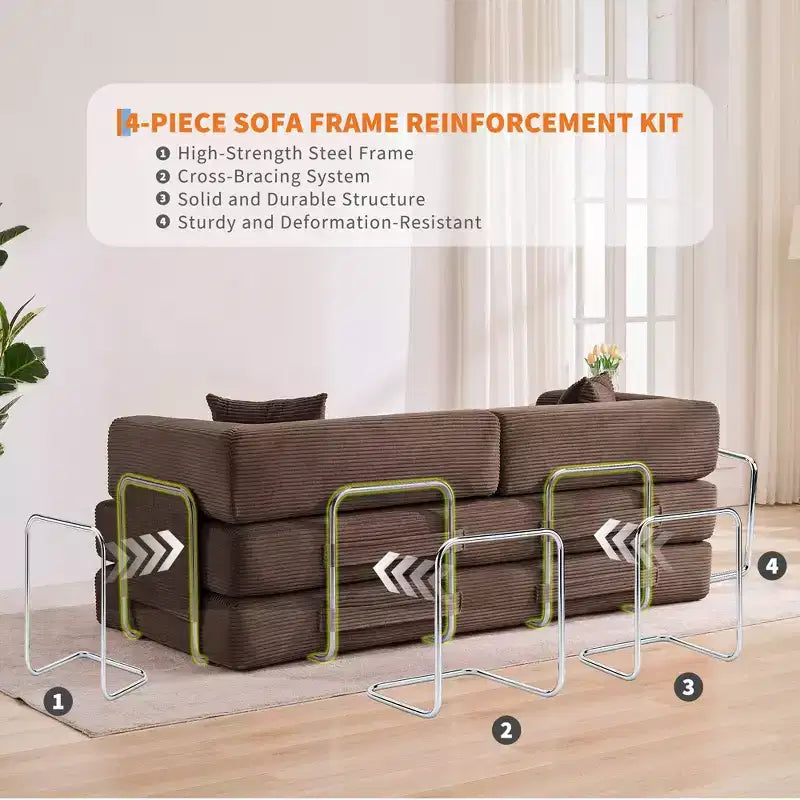 Divano Letto Convertibile in Velluto a Coste 5 in 1 con Cuscini, 79 Pollici Pieghevole Futon Sleeper con Telaio Fisso e Braccioli Rimovibili per Piccoli Spazi, Nessun Montaggio