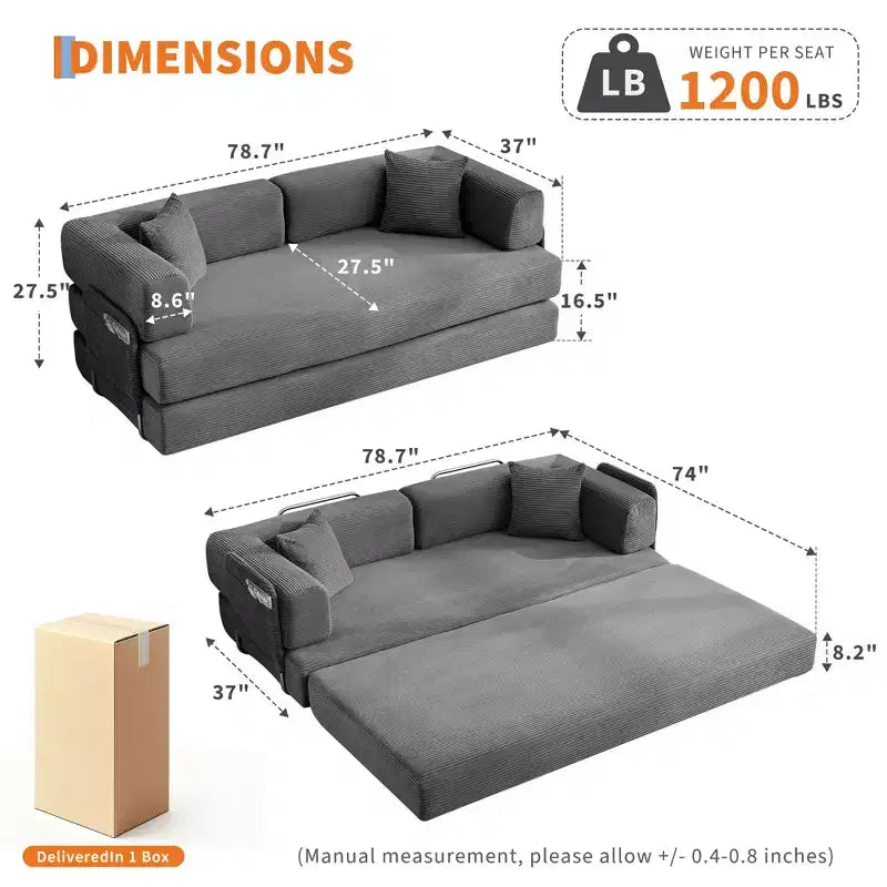 Divano Letto Convertibile in Velluto a Coste 5 in 1 con Cuscini, 79 Pollici Pieghevole Futon Sleeper con Telaio Fisso e Braccioli Rimovibili per Piccoli Spazi, Nessun Montaggio