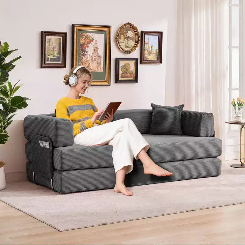 Divano Letto Convertibile in Velluto a Coste 5 in 1 con Cuscini, 79 Pollici Pieghevole Futon Sleeper con Telaio Fisso e Braccioli Rimovibili per Piccoli Spazi, Nessun Montaggio