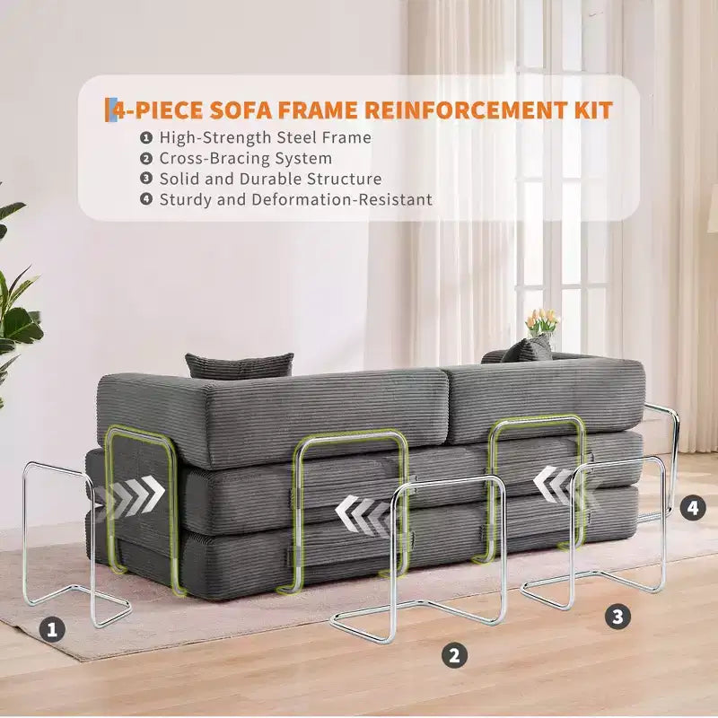 Divano Letto Convertibile in Velluto a Coste 5 in 1 con Cuscini, 79 Pollici Pieghevole Futon Sleeper con Telaio Fisso e Braccioli Rimovibili per Piccoli Spazi, Nessun Montaggio
