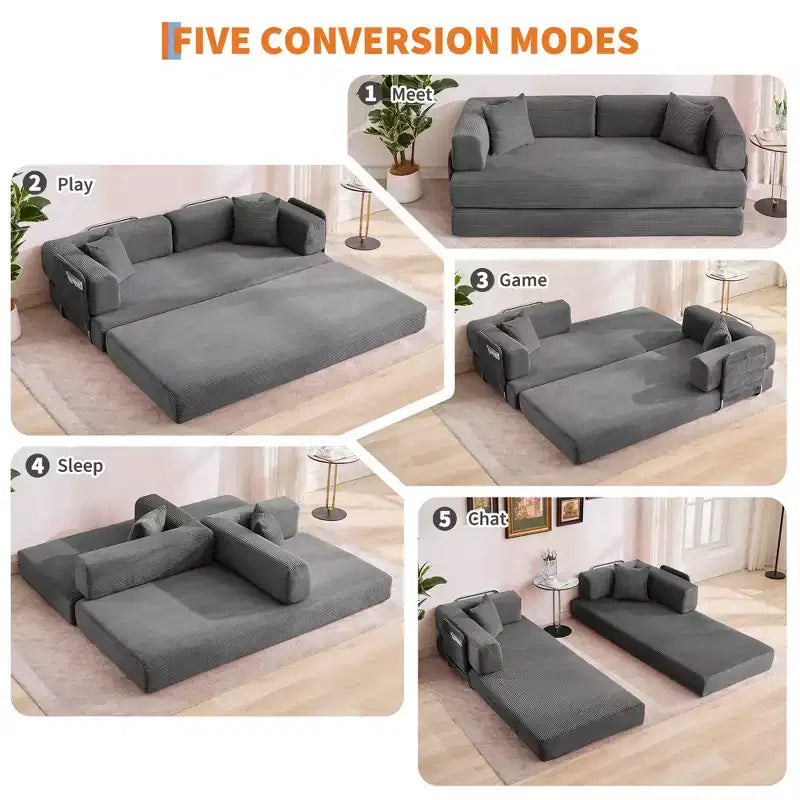 Divano Letto Convertibile in Velluto a Coste 5 in 1 con Cuscini, 79 Pollici Pieghevole Futon Sleeper con Telaio Fisso e Braccioli Rimovibili per Piccoli Spazi, Nessun Montaggio
