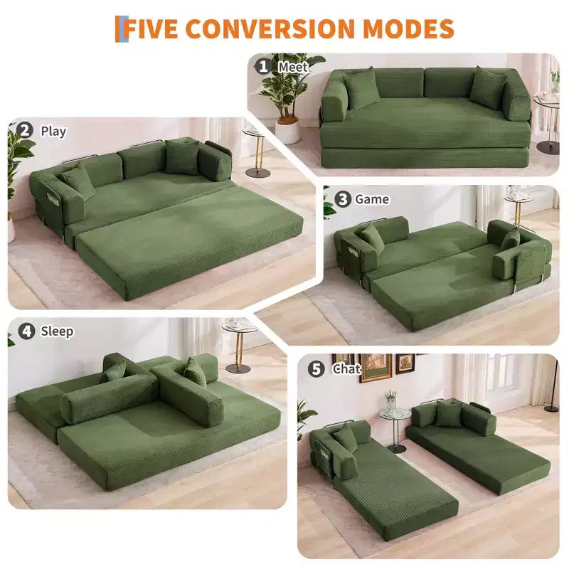 Divano Letto Convertibile in Velluto a Coste 5 in 1 con Cuscini, 79 Pollici Pieghevole Futon Sleeper con Telaio Fisso e Braccioli Rimovibili per Piccoli Spazi, Nessun Montaggio