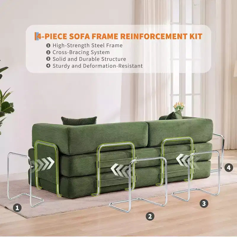Divano Letto Convertibile in Velluto a Coste 5 in 1 con Cuscini, 79 Pollici Pieghevole Futon Sleeper con Telaio Fisso e Braccioli Rimovibili per Piccoli Spazi, Nessun Montaggio