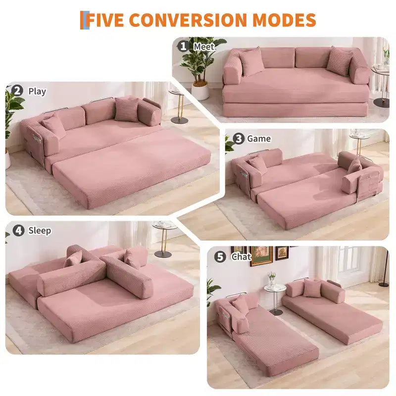Divano Letto Convertibile in Velluto a Coste 5 in 1 con Cuscini, 79 Pollici Pieghevole Futon Sleeper con Telaio Fisso e Braccioli Rimovibili per Piccoli Spazi, Nessun Montaggio
