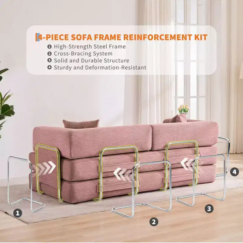 Divano Letto Convertibile in Velluto a Coste 5 in 1 con Cuscini, 79 Pollici Pieghevole Futon Sleeper con Telaio Fisso e Braccioli Rimovibili per Piccoli Spazi, Nessun Montaggio