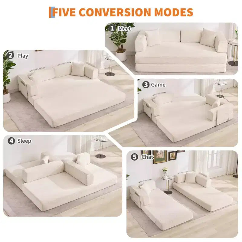 Divano Letto Convertibile in Velluto a Coste 5 in 1 con Cuscini, 79 Pollici Pieghevole Futon Sleeper con Telaio Fisso e Braccioli Rimovibili per Piccoli Spazi, Nessun Montaggio