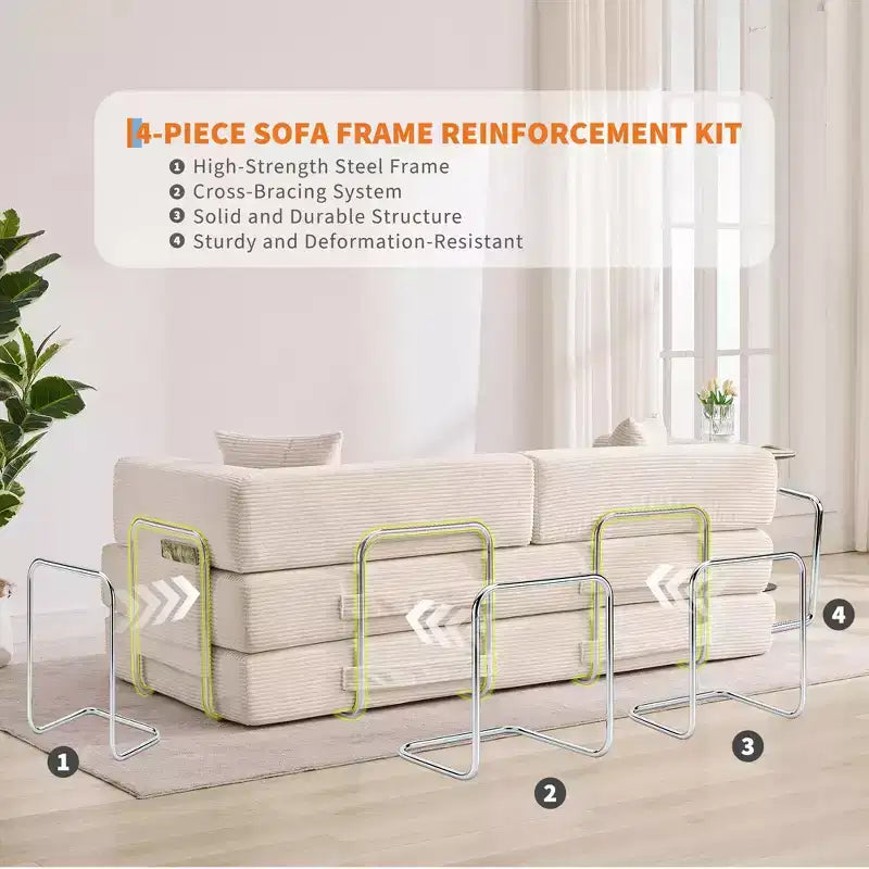 Divano Letto Convertibile in Velluto a Coste 5 in 1 con Cuscini, 79 Pollici Pieghevole Futon Sleeper con Telaio Fisso e Braccioli Rimovibili per Piccoli Spazi, Nessun Montaggio