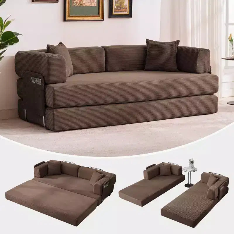 Divano Letto Convertibile in Velluto a Coste 5 in 1 con Cuscini, 79 Pollici Pieghevole Futon Sleeper con Telaio Fisso e Braccioli Rimovibili per Piccoli Spazi, Nessun Montaggio