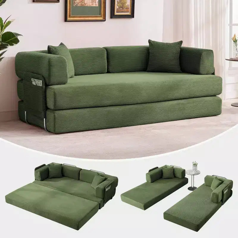Divano Letto Convertibile in Velluto a Coste 5 in 1 con Cuscini, 79 Pollici Pieghevole Futon Sleeper con Telaio Fisso e Braccioli Rimovibili per Piccoli Spazi, Nessun Montaggio