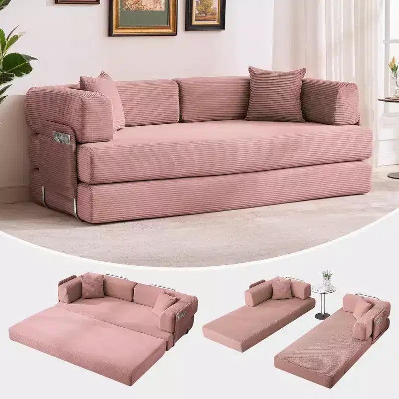 Divano Letto Convertibile in Velluto a Coste 5 in 1 con Cuscini, 79 Pollici Pieghevole Futon Sleeper con Telaio Fisso e Braccioli Rimovibili per Piccoli Spazi, Nessun Montaggio