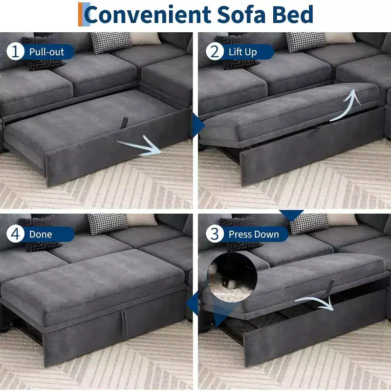 Divano Sezionale in ciniglia Acekool con letto estraibile, grigio | Divano componibile a L con sedute portaoggetti e pezzo ad angolo Descrizione del prodotto