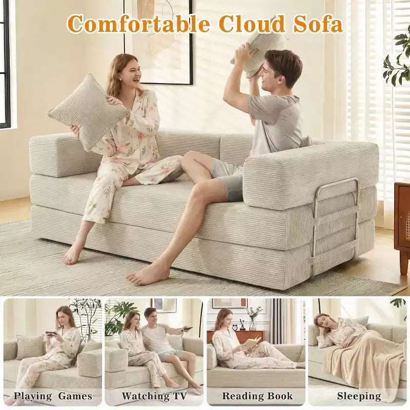 Dyonery Divano Futon Senza Braccioli da 198 cm con Struttura a Forma Fissa, Divano Letto Pieghevole 5 in 1, Divano Modulare Convertibile per Soggiorno, Velluto a Coste