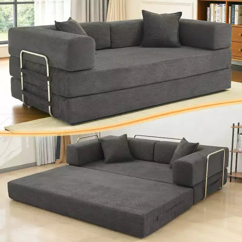 Dyonery Divano Futon Senza Braccioli da 198 cm con Struttura a Forma Fissa, Divano Letto Pieghevole 5 in 1, Divano Modulare Convertibile per Soggiorno, Velluto a Coste