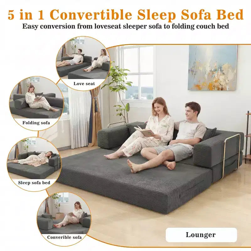 Dyonery Divano Futon Senza Braccioli da 198 cm con Struttura a Forma Fissa, Divano Letto Pieghevole 5 in 1, Divano Modulare Convertibile per Soggiorno, Velluto a Coste