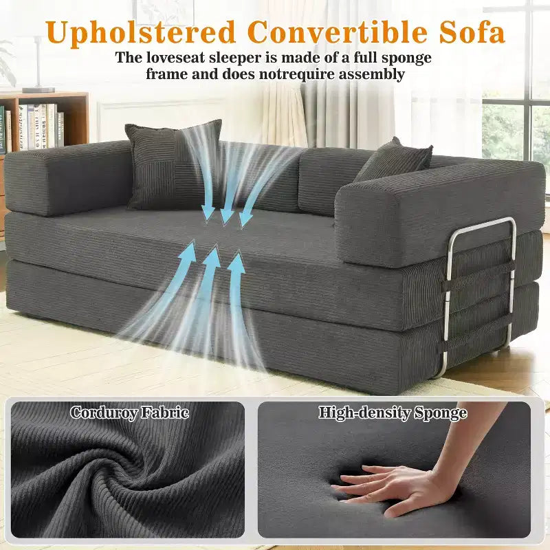 Dyonery Divano Futon Senza Braccioli da 198 cm con Struttura a Forma Fissa, Divano Letto Pieghevole 5 in 1, Divano Modulare Convertibile per Soggiorno, Velluto a Coste