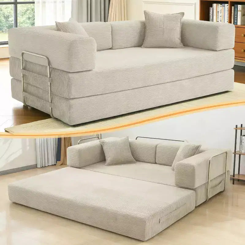 Dyonery Divano Futon Senza Braccioli da 198 cm con Struttura a Forma Fissa, Divano Letto Pieghevole 5 in 1, Divano Modulare Convertibile per Soggiorno, Velluto a Coste