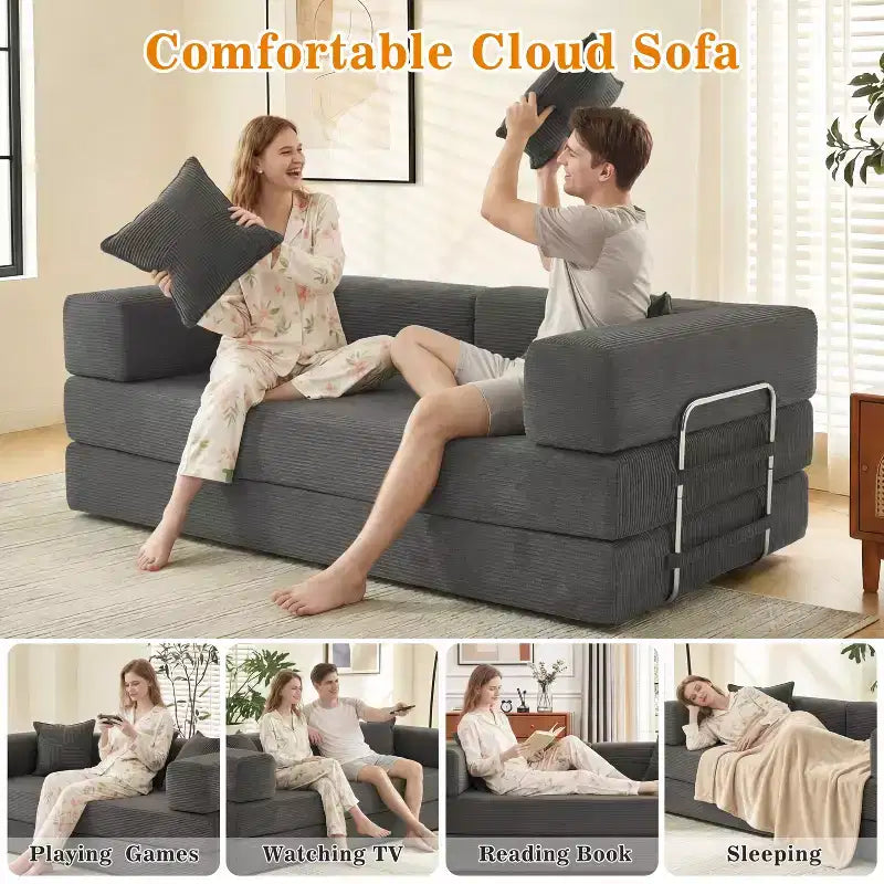 Dyonery Divano Futon Senza Braccioli da 198 cm con Struttura a Forma Fissa, Divano Letto Pieghevole 5 in 1, Divano Modulare Convertibile per Soggiorno, Velluto a Coste