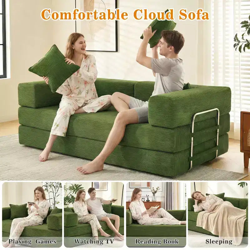 Dyonery Divano Futon Senza Braccioli da 198 cm con Struttura a Forma Fissa, Divano Letto Pieghevole 5 in 1, Divano Modulare Convertibile per Soggiorno, Velluto a Coste