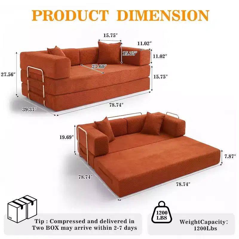 Dyonery Divano Futon Senza Braccioli da 198 cm con Struttura a Forma Fissa, Divano Letto Pieghevole 5 in 1, Divano Modulare Convertibile per Soggiorno, Velluto a Coste