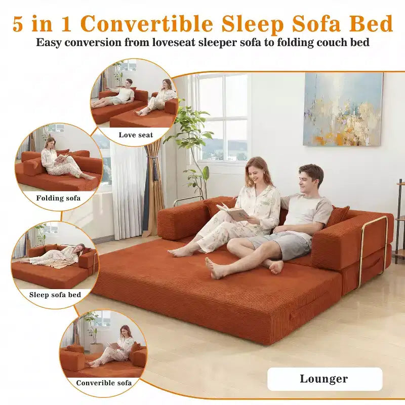 Dyonery Divano Futon Senza Braccioli da 198 cm con Struttura a Forma Fissa, Divano Letto Pieghevole 5 in 1, Divano Modulare Convertibile per Soggiorno, Velluto a Coste