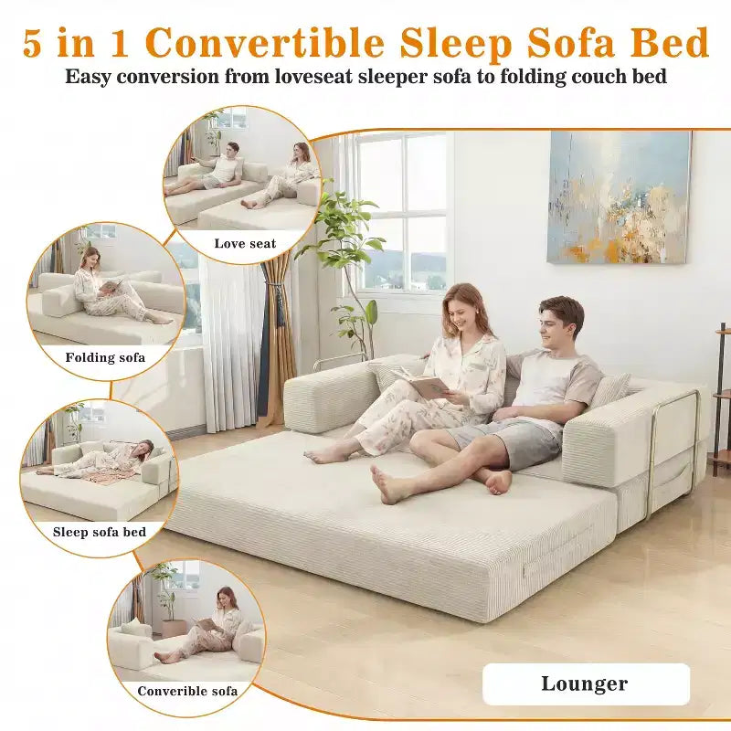 Dyonery Divano Futon Senza Braccioli da 198 cm con Struttura a Forma Fissa, Divano Letto Pieghevole 5 in 1, Divano Modulare Convertibile per Soggiorno, Velluto a Coste