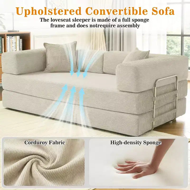 Dyonery Divano Futon Senza Braccioli da 198 cm con Struttura a Forma Fissa, Divano Letto Pieghevole 5 in 1, Divano Modulare Convertibile per Soggiorno, Velluto a Coste