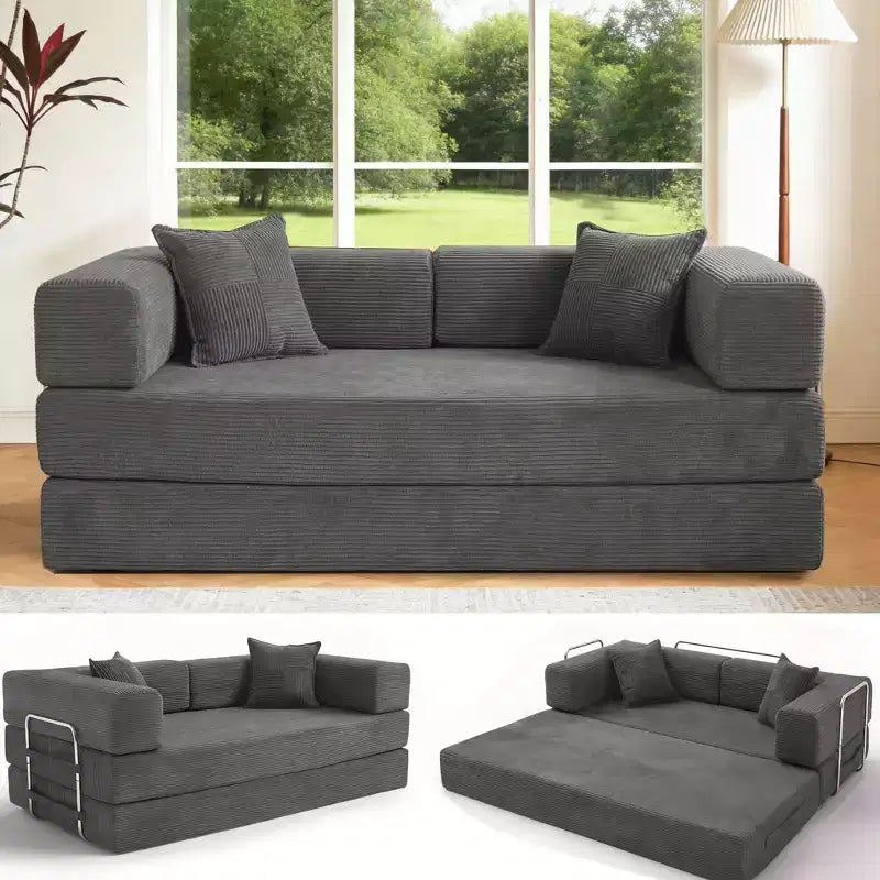 Dyonery Divano Futon Senza Braccioli da 198 cm con Struttura a Forma Fissa, Divano Letto Pieghevole 5 in 1, Divano Modulare Convertibile per Soggiorno, Velluto a Coste