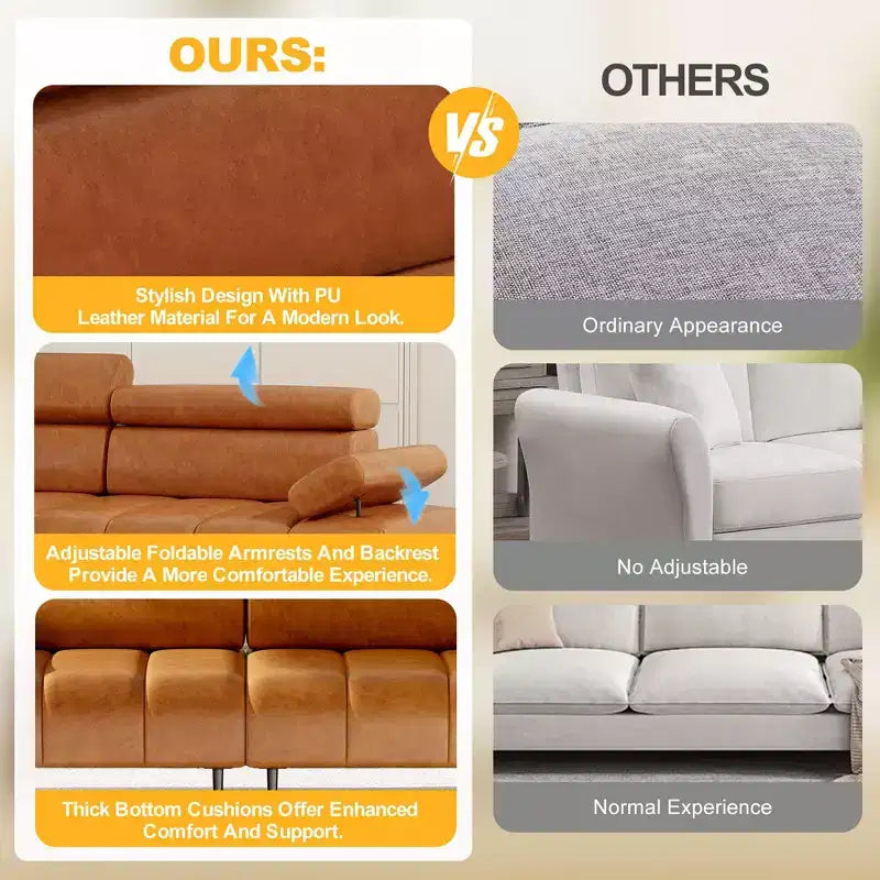 Divano a 3 Posti Moderno in Pelle PU per Soggiorno, Comodo Divano con Poggiatesta e Braccioli Regolabili, Seduta Modulare per Camera da Letto Ufficio
