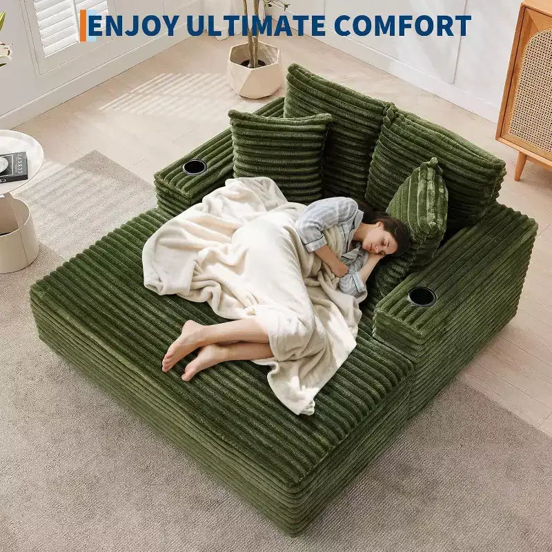Sedia a sdraio oversize, divano letto imbottito da 152 cm con cuscini decorativi e braccioli, divano letto in velluto a coste per soggiorno, camera da letto